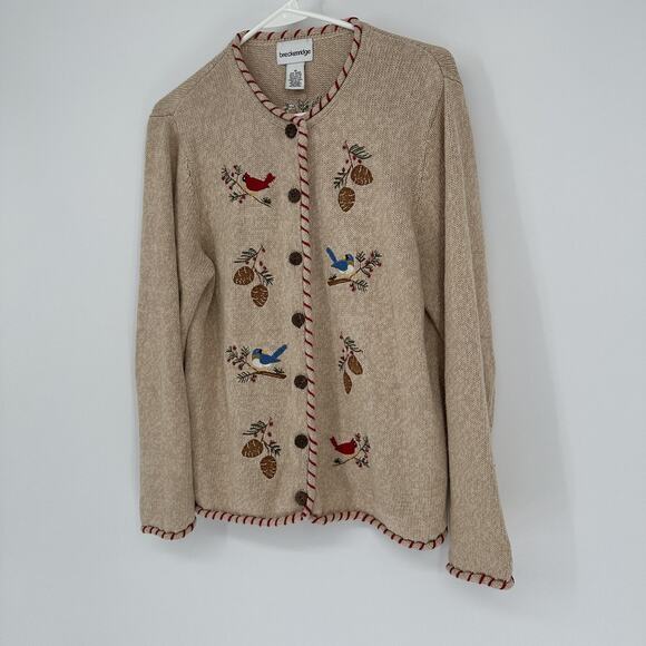Breckenridge Cardigan Sweater Womens Medium Tan Button Embroidered Birds Beaded - Picture 4 of 11